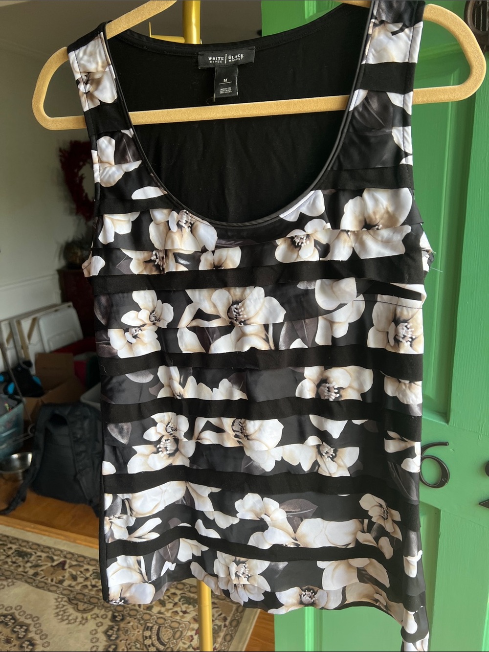 White House Black Market Black & White Floral Stripe Tank Top